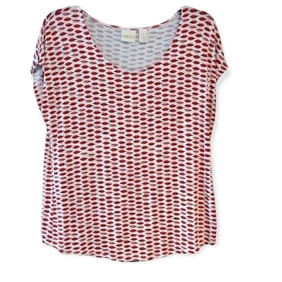 Chico’s Sz 1/S Red & Pink Lips Short Sleeve Casual Fun Relaxed Fit T-Shirt - Picture 1 of 7